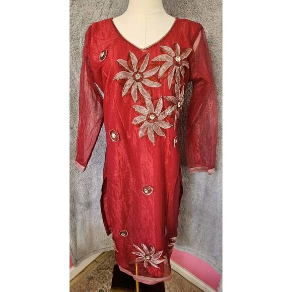 VTG Indian Bollywood Kurta Dress Kameez Hippie Boho Red Sheer Flowers 42 Large - Picture 1 of 5